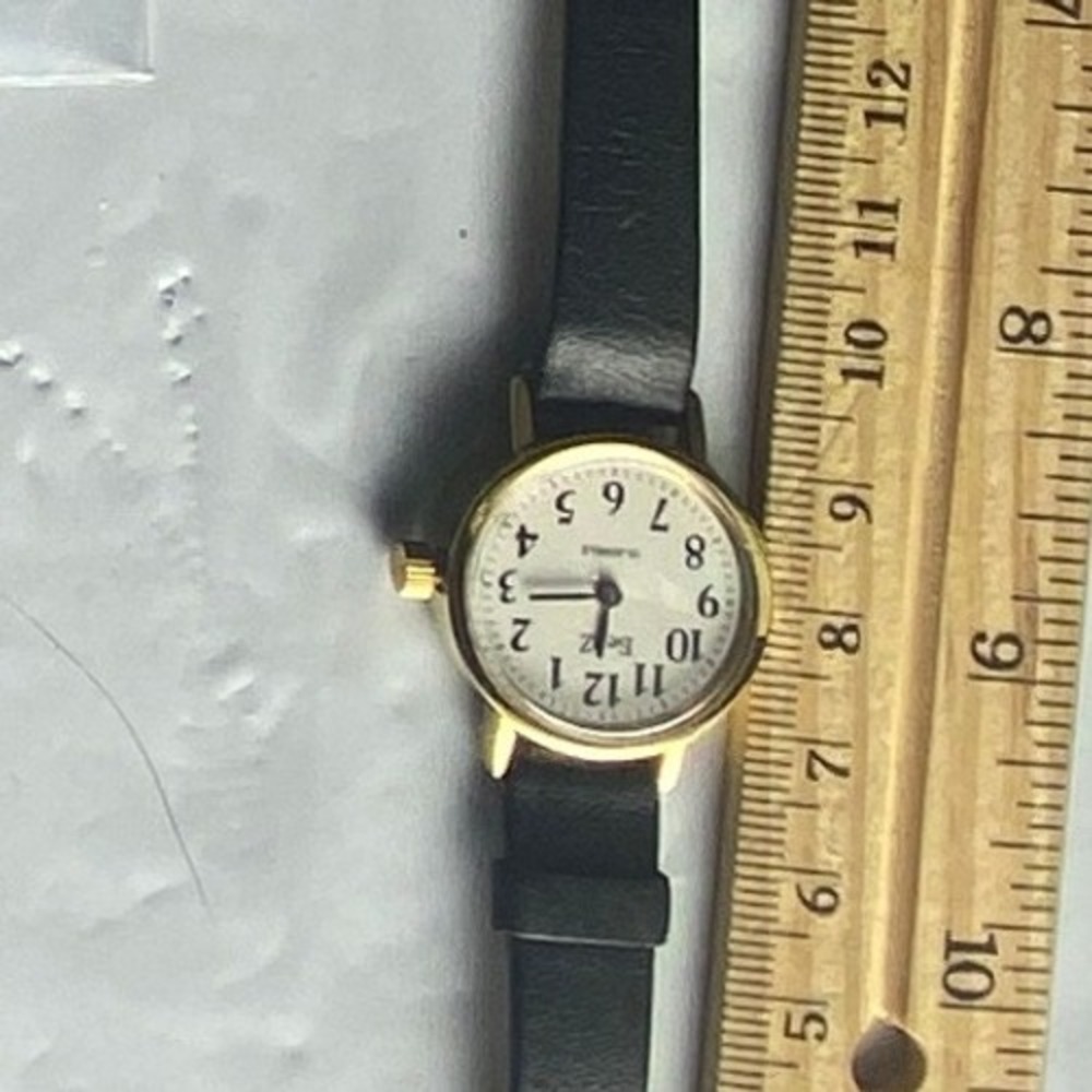 Womens Gold Tone Round Face Black Leather Band Watch
